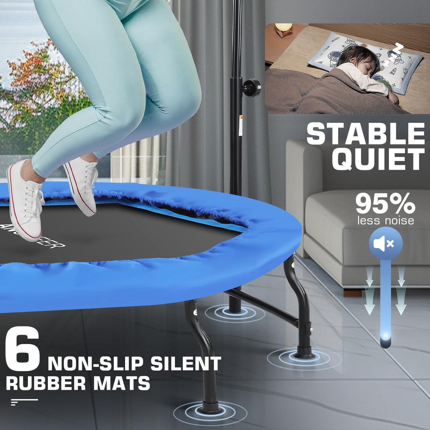 ANCHEER 40" Foldable Mini Trampoline Max Load 450lbs, Fitness Trampoline with Bungees, Adjustable Foam Handle, Indoor Exercise Trampoline for Adults Inoor/Garden Workout (Blue 50'')