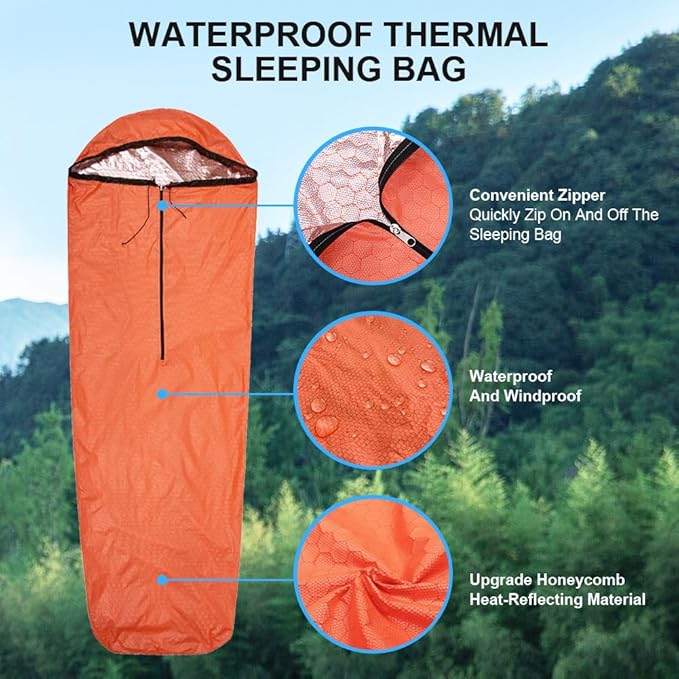Emergency Sleeping Bag Thermal Bivvy, Lightweight Survival Sleeping Bags Thermal Bivy Sack Portable, Compact, Waterproof, Reusable for Camping, Hiking, Outdoor, Activities