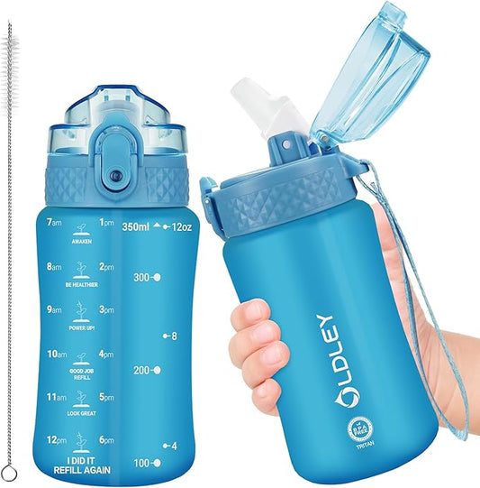 OLDLEY Kids Water Bottle for School, 12 oz (Straw Lid) BPA-Free Reusable Leak-proof Durable Tritan Plastic Water Bottles with One-handed Opening Straw Lids, Anti-dust Spout Cover (Blue)