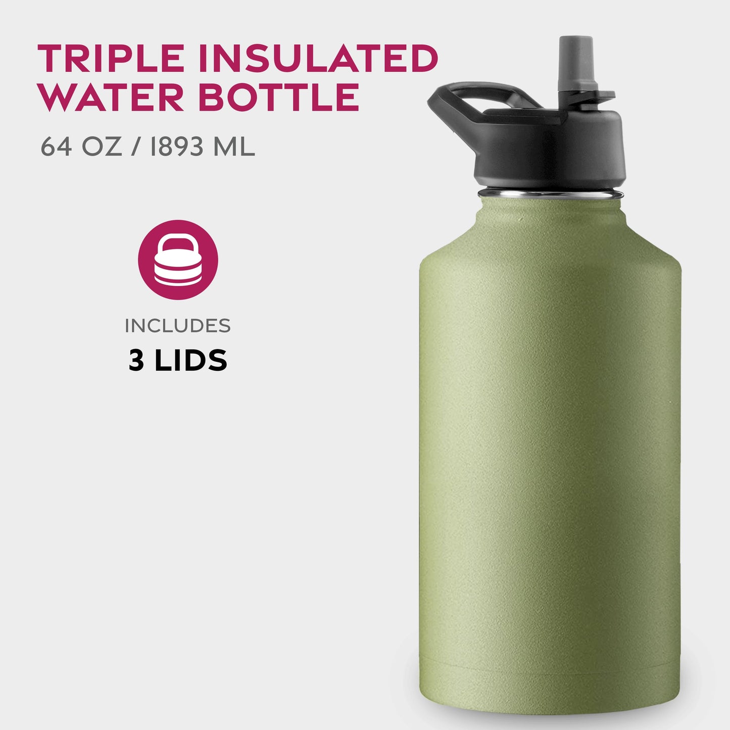 FineDine Triple Walled, Insulated Water Bottles with Straw - 64 Oz Stainless Steel Metal Bottle W/ 3 Leak Proof Lids - For Travel, School, Sports, Gym / Men, Women & Kids - Army Green