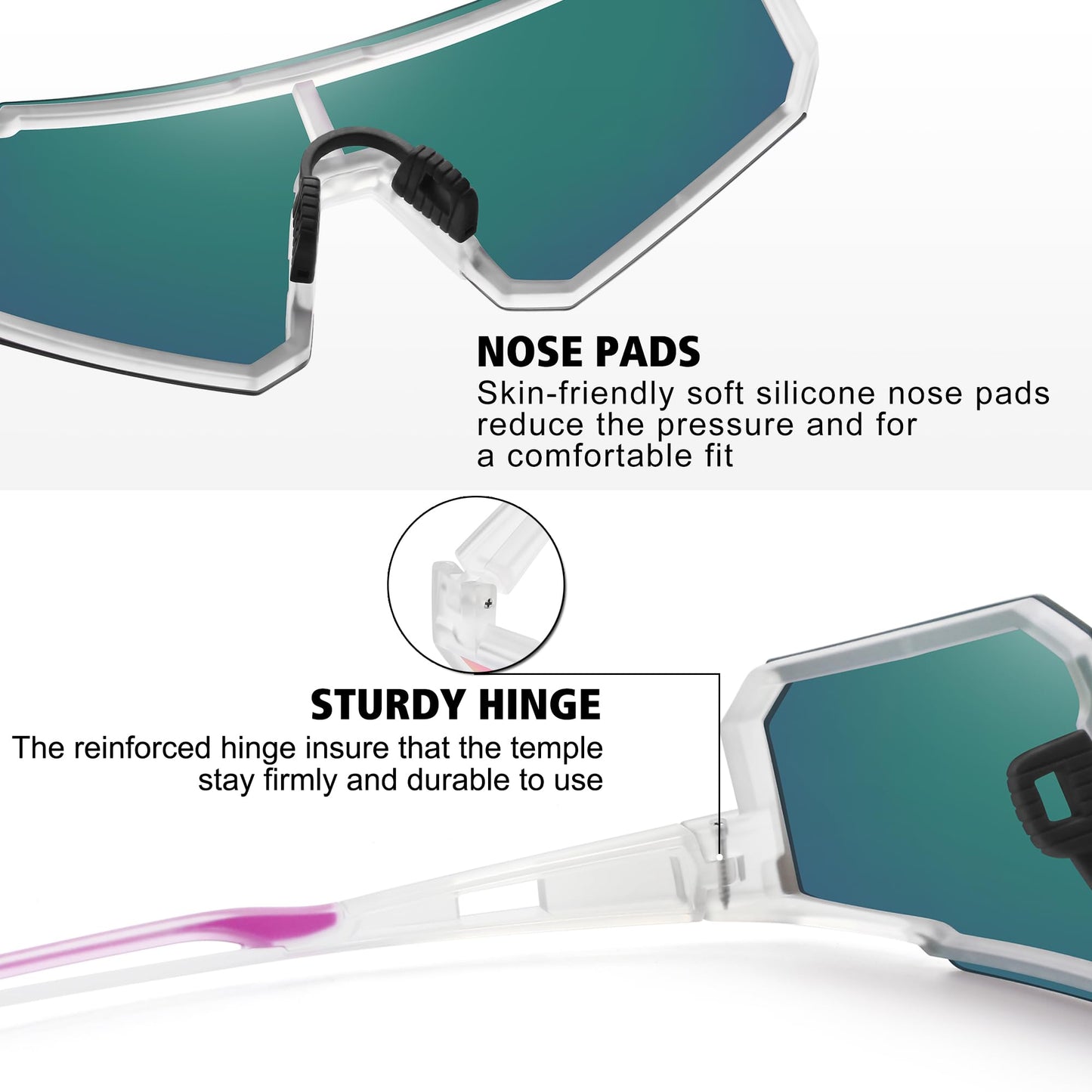 STORYCOAST Polarized Sports Sunglasses for Men Women,Driving Fishing Cycling Mountain Bike Sunglasses UV400 Protection Clear Frame-Pink Mirror Lens