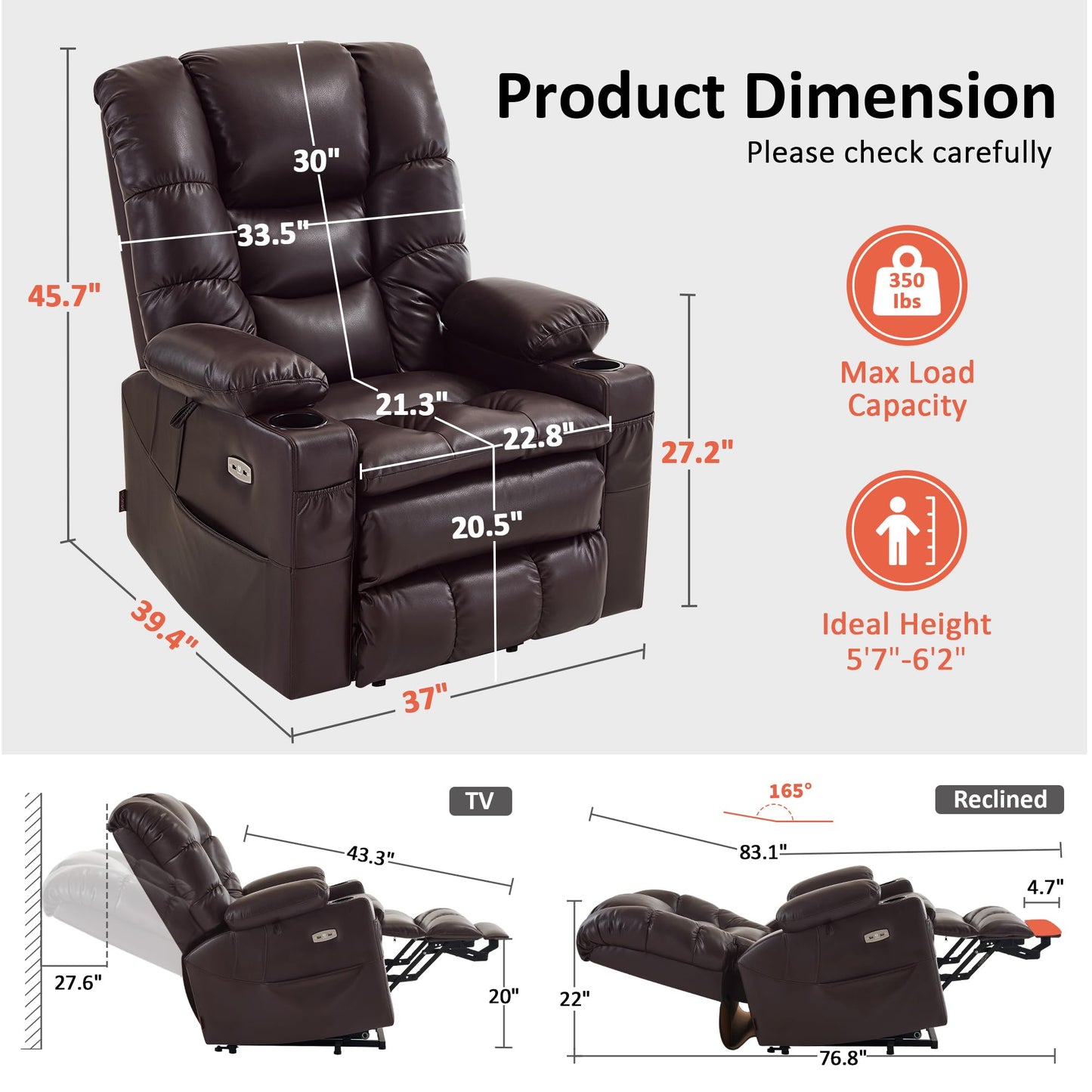 MCombo Large Triple Motor Power Lift Recliner Chair with Massage and Dual Heating, Adjustable Headrest for Tall Elderly People, Faux Leather 7634 (Dark Brown, Large)