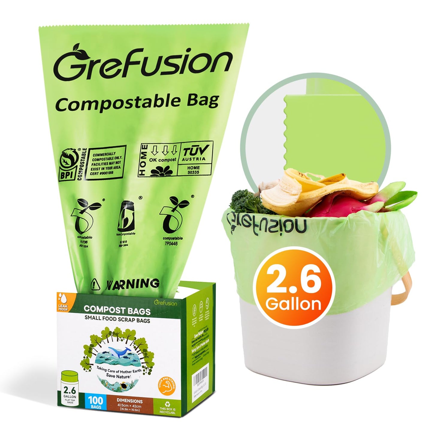 Compostable Bags for Kitchen Compost Bin, 1.2 Gallon, 125 Count, Certified by BPI and ASTM, Leakproof and Odor Control