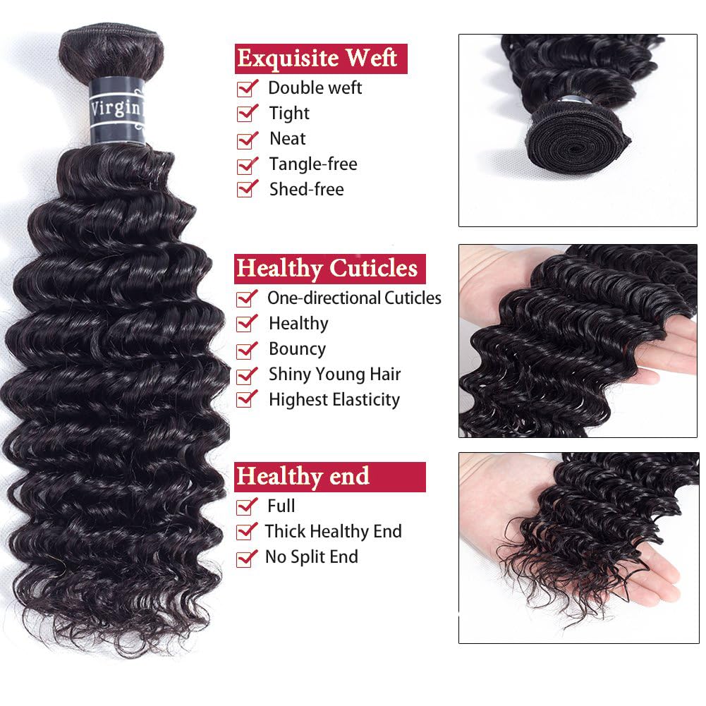 Amella Hair Deep Wave 3 Bundles with Frontal Ear to Ear Lace Frontal Closure with Bundles Brazilian Virgin Hair with Closure Human Hair Extensions (14 16 18+12inch)