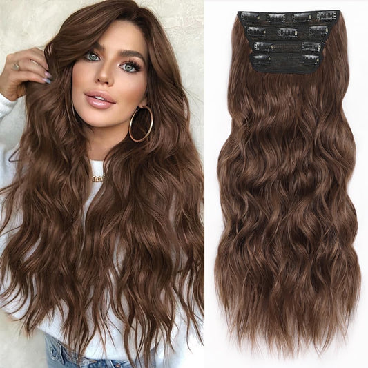 ALXNAN Clip in Hair Extensions for Women,Light Brown Long Wavy Hair Extensions Clip Ins 4PCS 20 Inch Synthetic Soft and Natural Thick Hair Pieces for Women