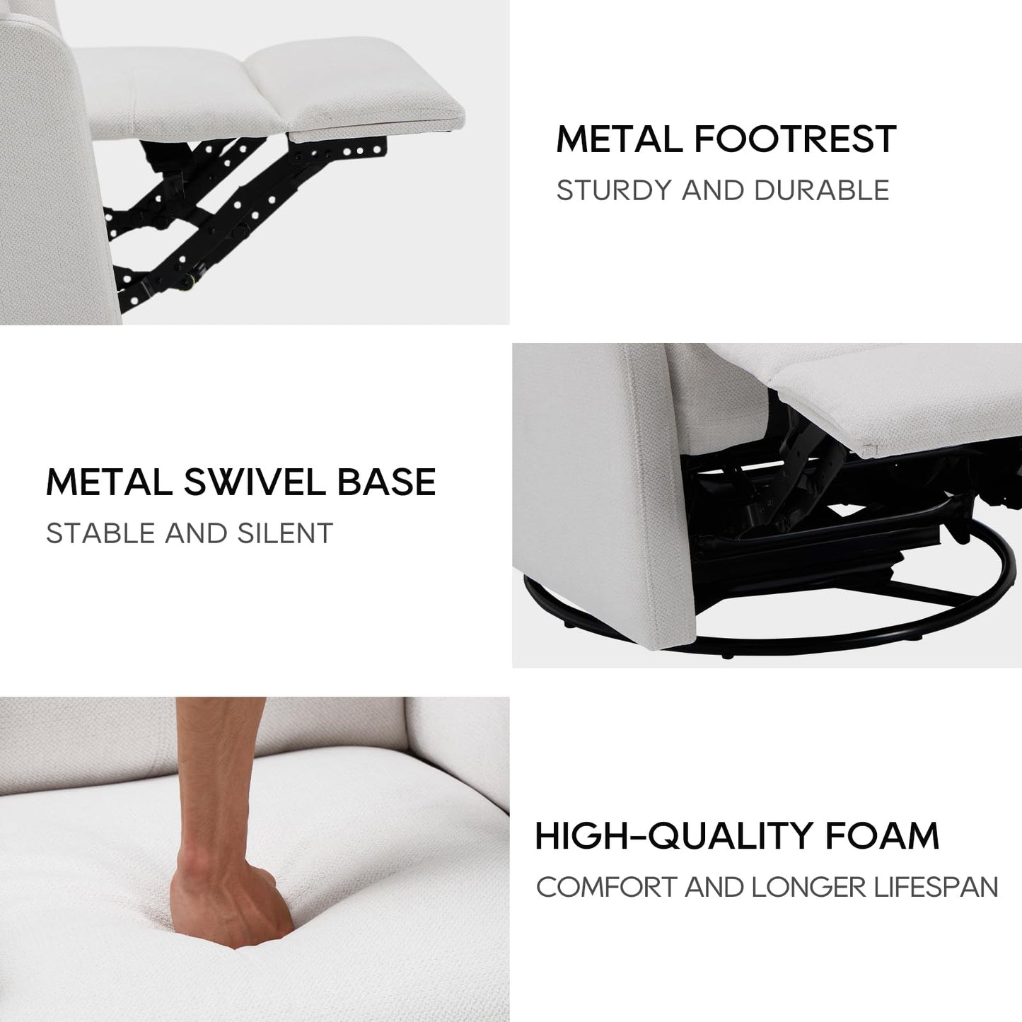 COLAMY Swivel Rocking Recliner Chair, Nursery Rocker Glider Recliner with Extra Large Footrest, Deep Seat, High Back, Upholstered Fabric Reclining Single Sofa for Living Room-White