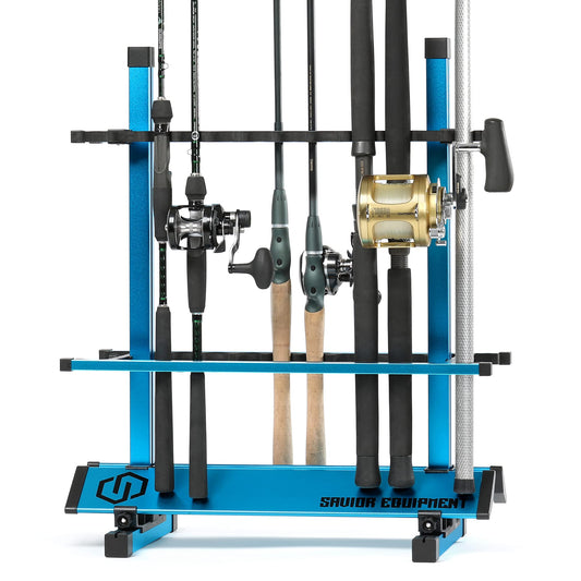 Savior Equipment Fishing Rod Rack Holder Organizer, Lightweight Aluminum Vertical Fish Pole Garage Storage Ground Display Stand, Hold Up to 24 Slots Fresh Salt Water Spinning Rods & Reel Combo, Blue