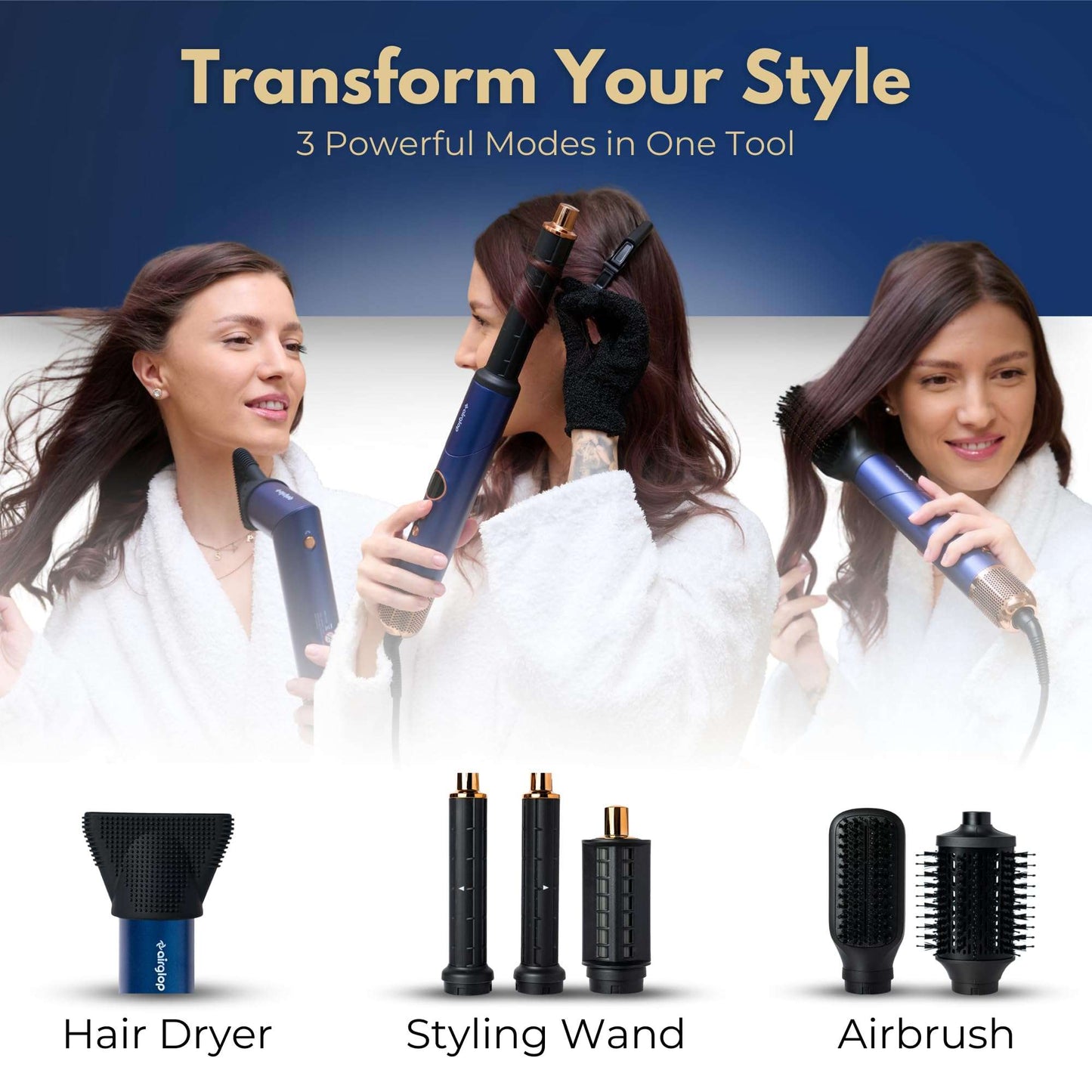 Airglop Air Styling & Drying System, Powerful Hair Dryer Brush & Multi-Styler with Auto-Wrap Curlers, Paddle Brush, Oval Brush