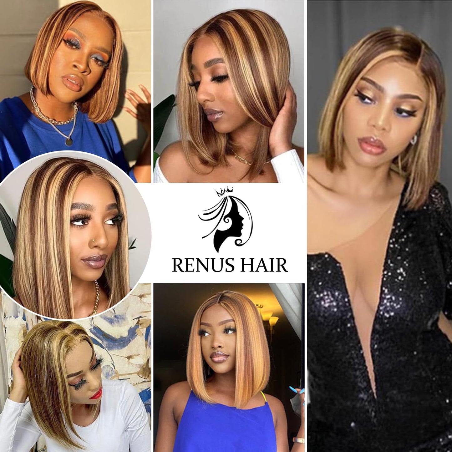 10 Inch Highlight Ombre Lace Front Wig Human Hair Glueless Bob Wigs Human Hair Pre Plucked, 4/27 Highlighted Honey Blonde HD Lace Front Wigs Human Hair Wigs For Black Women 180 Density
