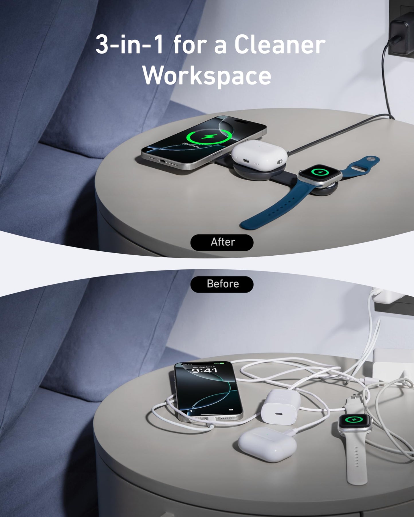 Anker MagSafe Compatible MagGo UFO 3-in-1 Charger, iPhone 16 Wireless Charging Station, 15W Qi2 Certified, Foldable Travel Charging Pad, for iPhone 16/15/14, AirPods, Apple Watch (Not a Power Bank)