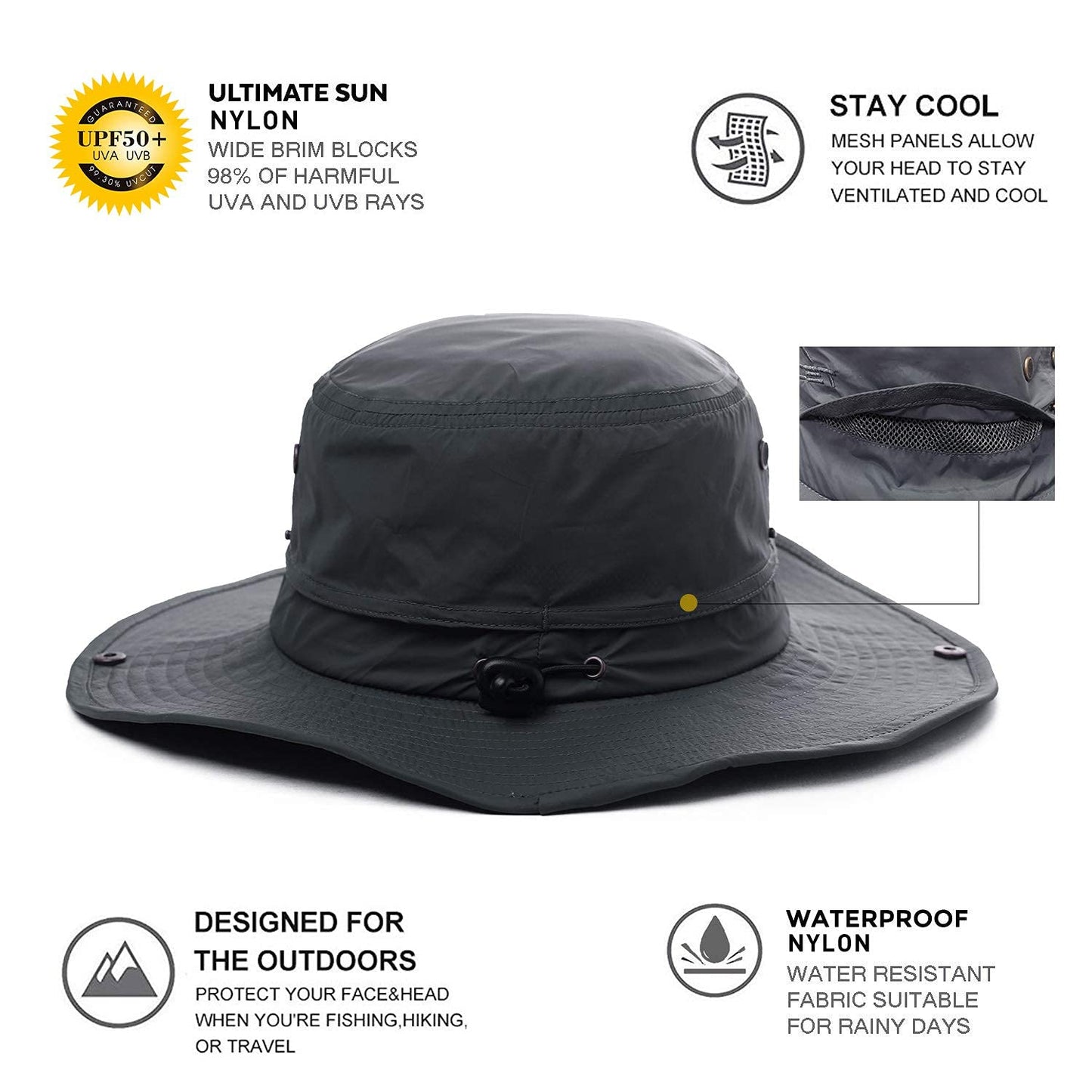 Comhats UPF 50 Sun Hats Wide Brim Summer Safari Hat Fishing Hiking Boonie Hats for Men Waterproof Black Small Medium