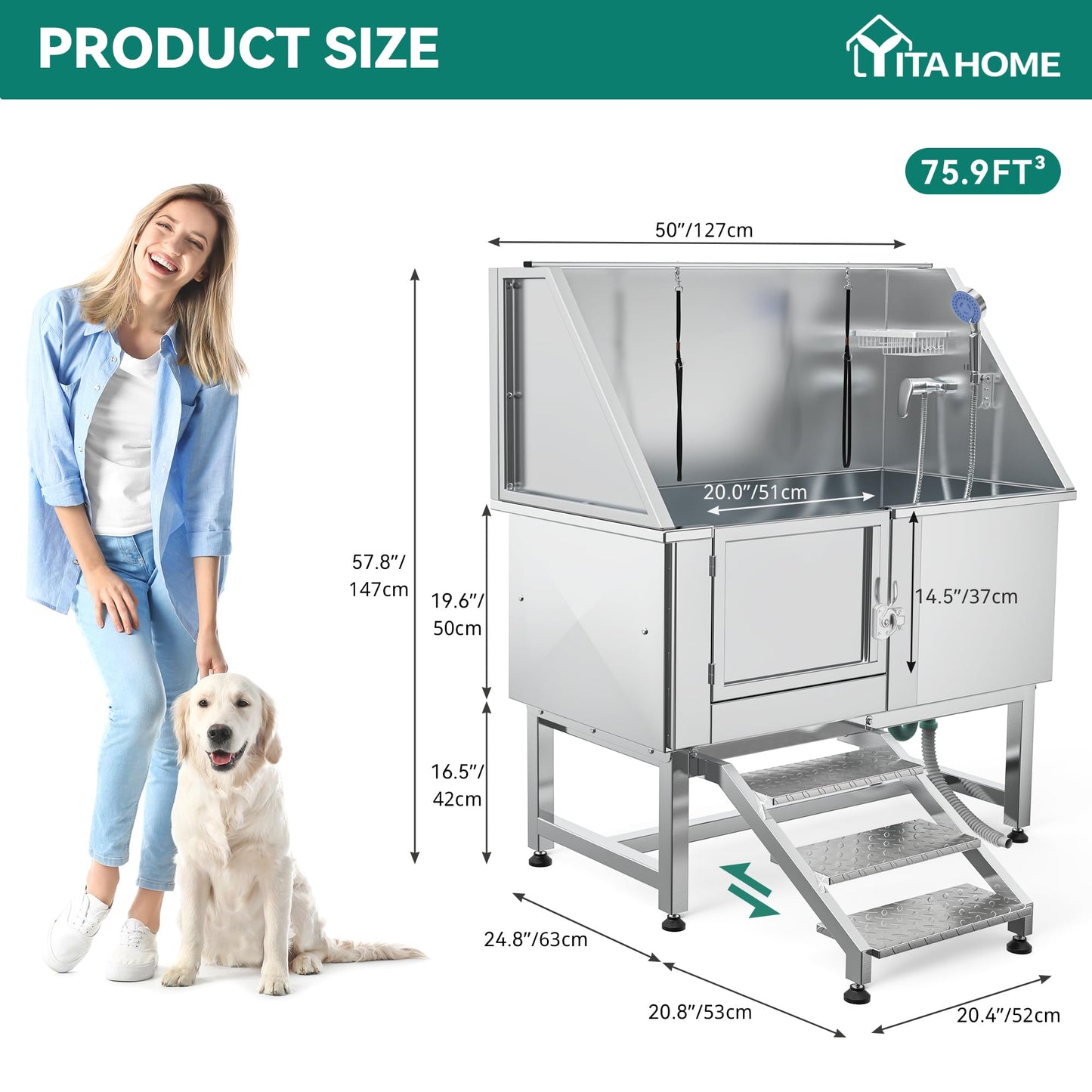 YITAHOME Dog Bathing Station, Professional Stainless Steel 304 Dog Grooming Bathtub w/Left Stairs, Faucet, Floor Grate, 50in Pet Washing Station for Large, Medium, Small Pets