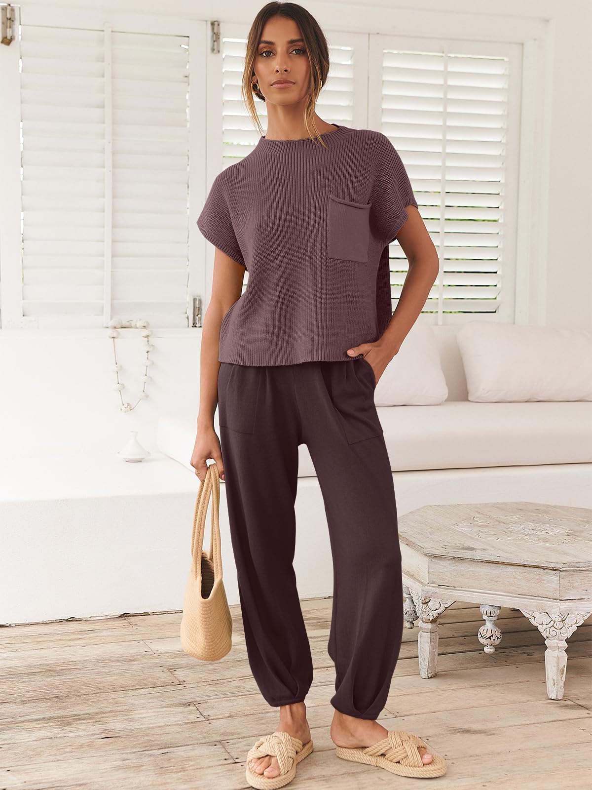 ANRABESS Women's Two Piece Outfits Knit Sweater Pullover Crop Top & Pants Lounge Matching Tracksuit Sweatsuit Sets 2024 Trendy Loungewear Clothes Nutmeg X-Small