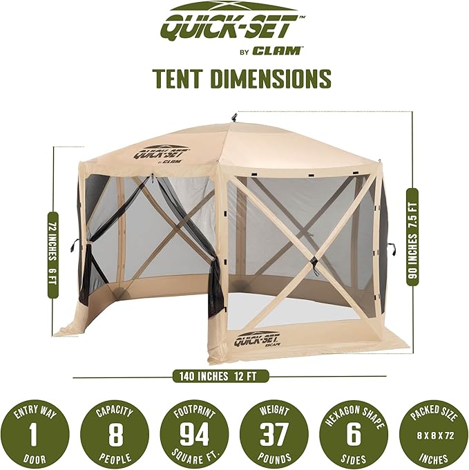 CLAM Quick-Set Escape 12 x 12 Foot Portable Pop Up Camping Outdoor Gazebo 6 Sided Canopy Shelter + 2 Pack of Wind and Sun Panels