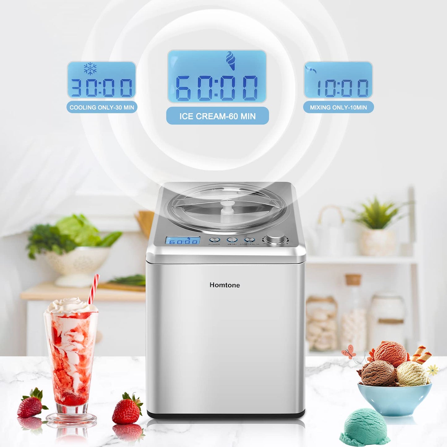 Homtone 2.64 QT Ice Cream Maker, No pre-Freezing & Large Capacity Automatic Ice Cream Machine with Compressor, Easy Operate & Clean, Keep Cooling for 2H, All Stainless Steel, LCD Digital Display