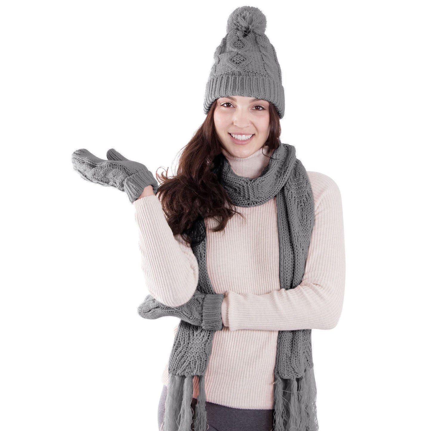 ANDORRA Women Soft Warm Thick Knitted Beanie Scarf & Gloves Winter Set,Grey