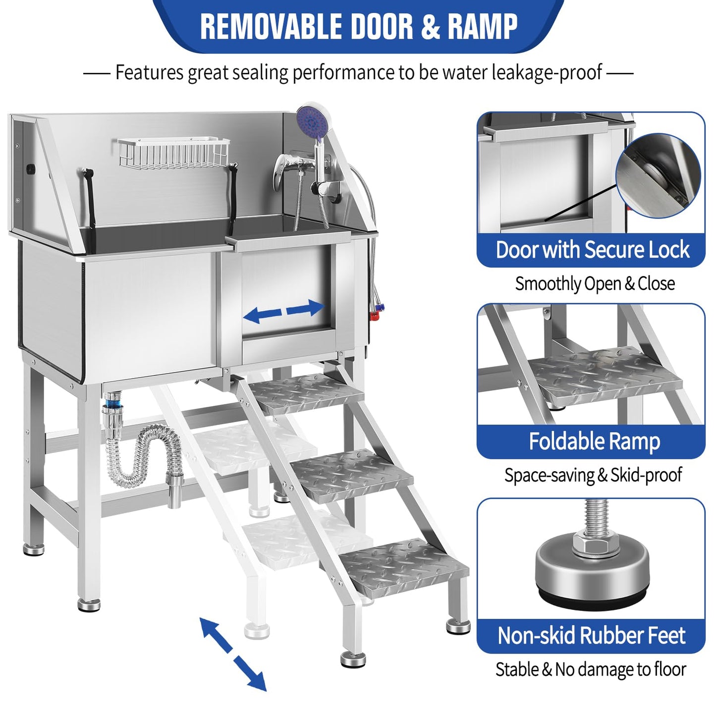 OLIPIC Stainless Steel Dog Washing Station for Large Dogs, Dog Grooming Tub for Home, Professional Dog Bathtub Bathing Station, Pet Wash Station, Dog Shower Tub with Stairs, Drain & Door,34" R-RAMP