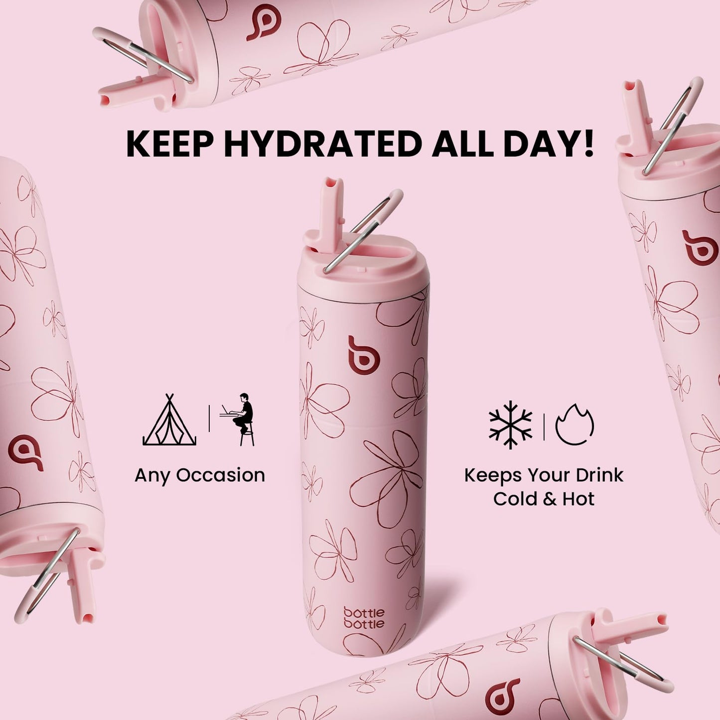 BOTTLE BOTTLE Insulated Water Bottle 24oz with Straw Lid and Handle for Sports Travel Gym Stainless Steel Water Bottles Double-Wall Vacuum Metal Thermos Bottles Leak Proof BPA-Free (Flower Frenzy)