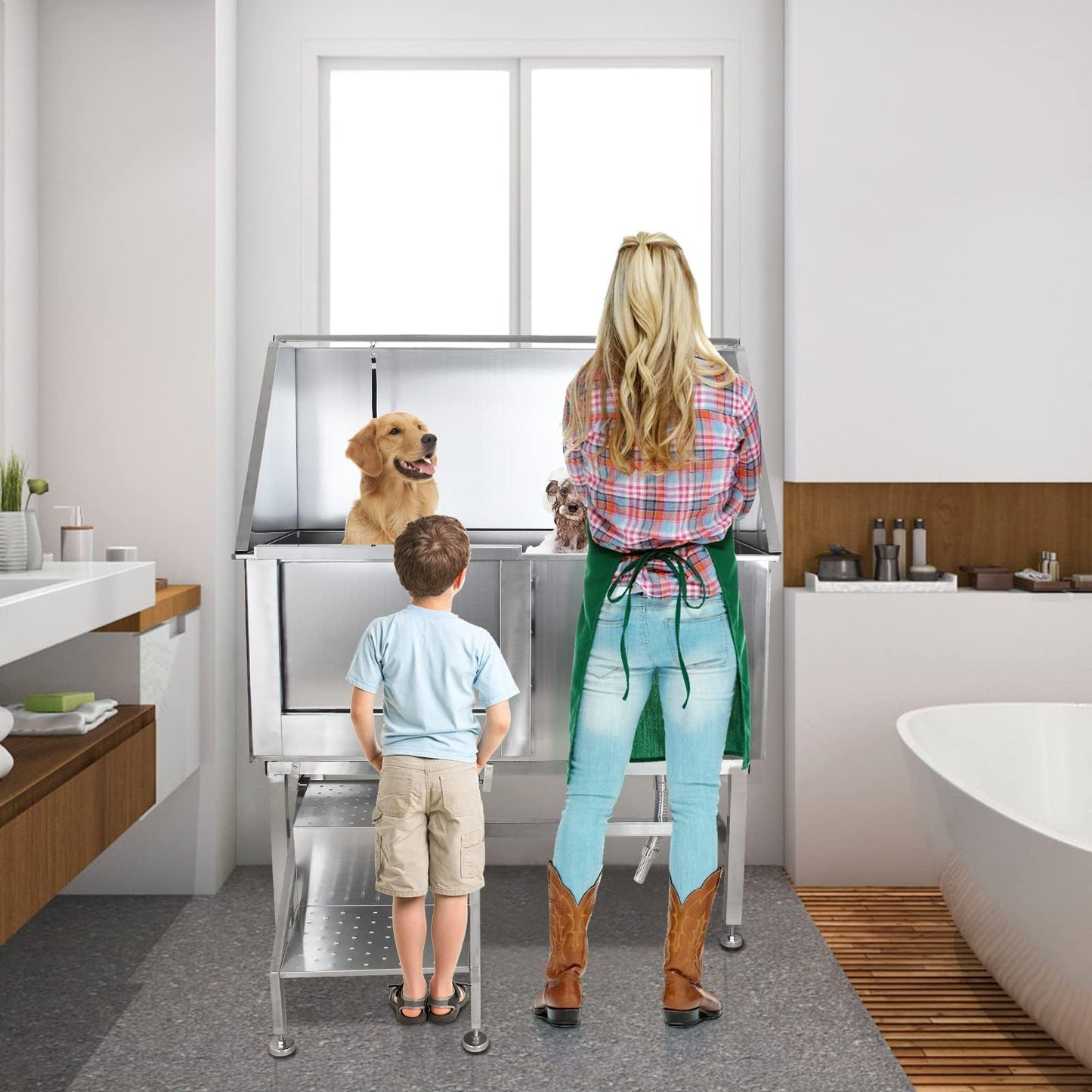 PioneerWorks 50" Pet Dog Grooming Bathing Station, Professional Stainless Steel Dog Grooming Tub w/Removable Ramp, Storage Drawer, Floor Grate, Dog Bathtab for Large, Medium & Small Pets, Left Door