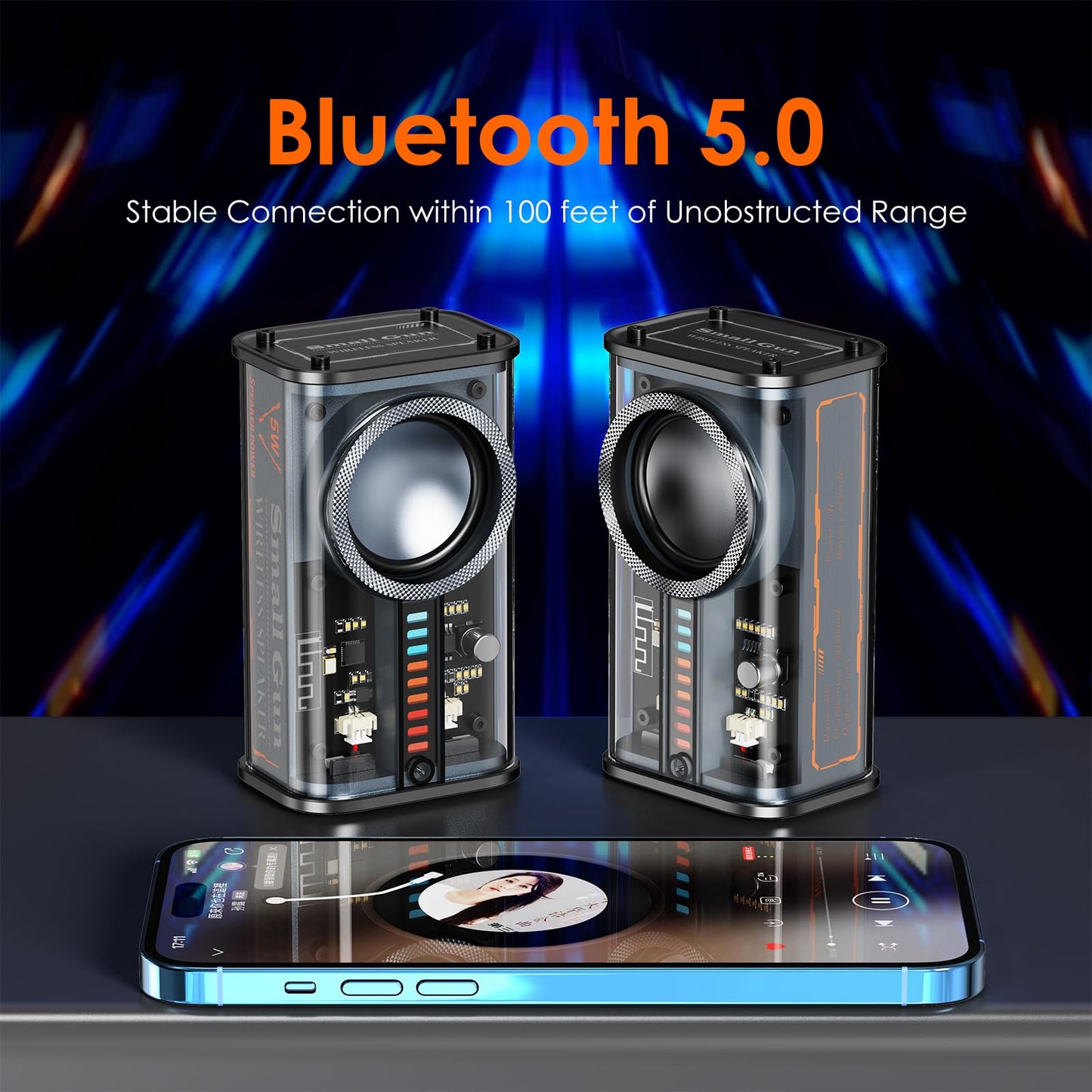 Portable Bluetooth Speaker with Lights, Transparent Wireless Mini Bluetooth Speaker with TWS, Perfect Small Speaker HD Sound and Bass for Office, Home, Shower, Room, Bike, Car (Black)