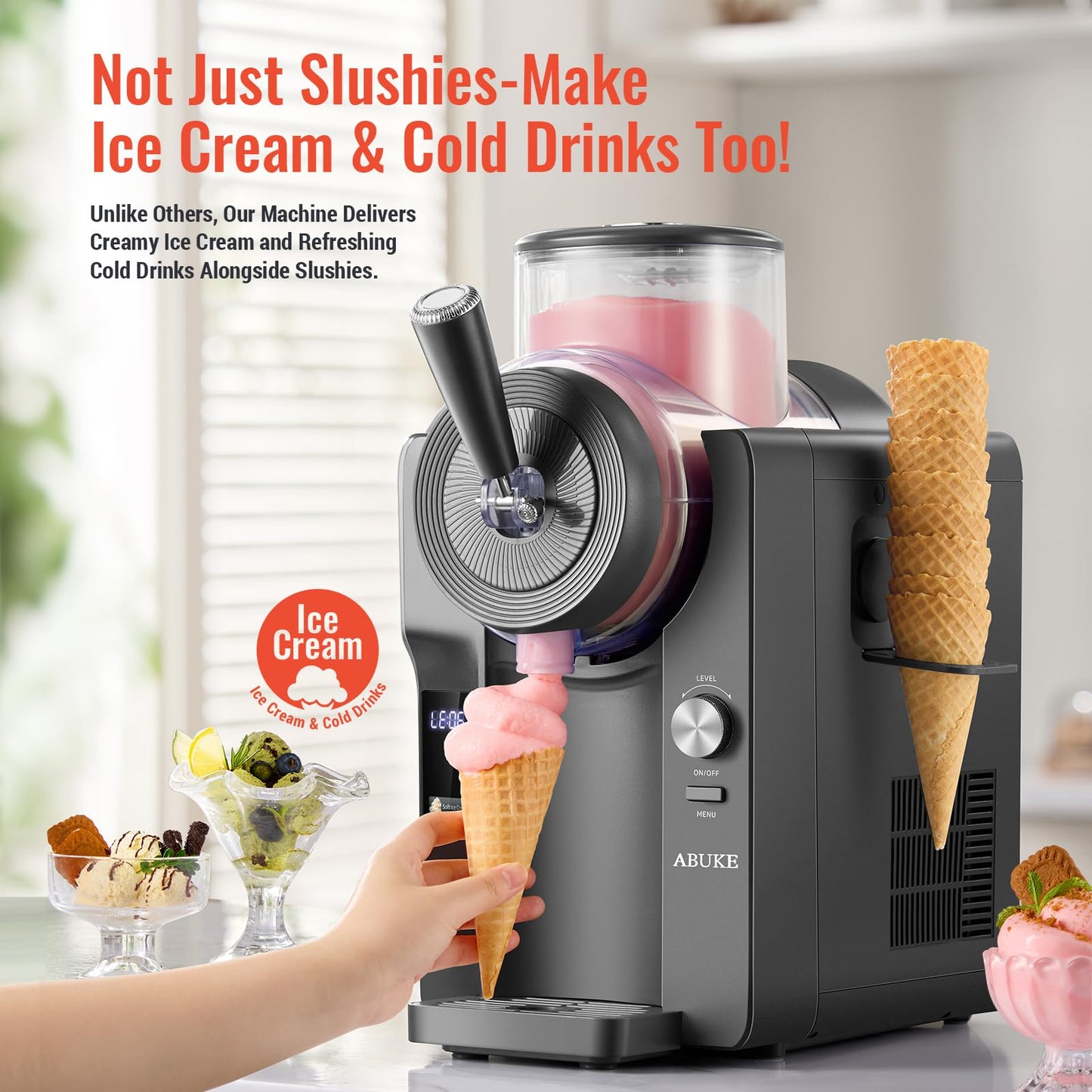 ABUKE Frozen Drink Machine - Digital Slushie Maker with Multiple Modes, Ice Cream, Milkshake & Smoothie, 68oz Capacity, Self-Cleaning, Gray