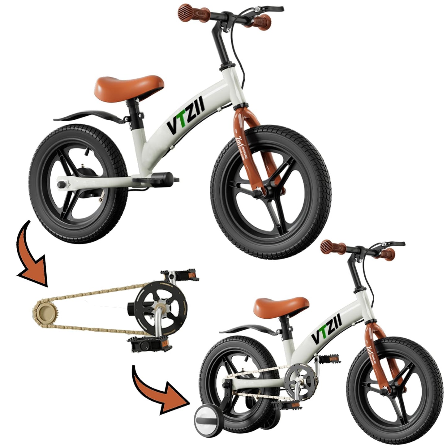 VTZII Balance Bike 2 in 1 with Pedals Brake Training Wheels Kickstand Pneumatic tyre,for Kids 2-7 Years Old,Kids Bike 12 14 16 inch (16 inch, White)