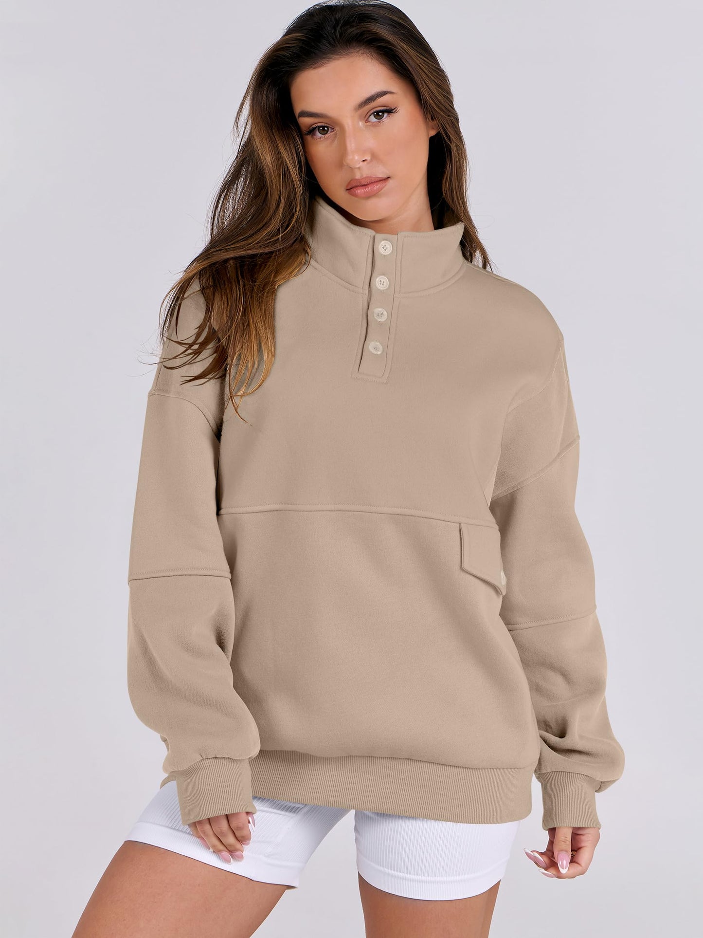 ANRABESS Women Oversized Sweatshirts Long Sleeve Color Block/Solid Button Fleece Pullover Hoodie 2024 Winter Cute 90s Outfit Khaki Medium