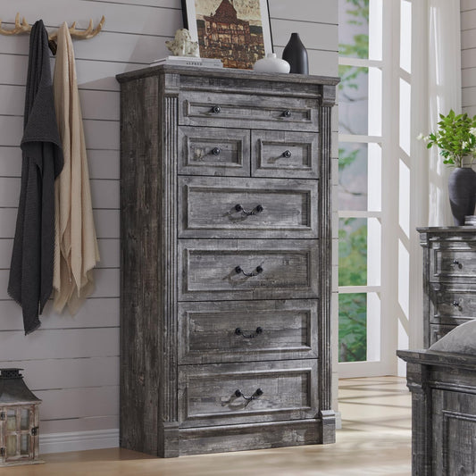 Aitjunz Farmhouse 7 Drawers Dresser for Bedroom, 57" Tall Large Dressers & Chests of Drawers w/Roman Column, Storage Dressers Organizer for Bedroom, Hallway, Living Room, Light Grey