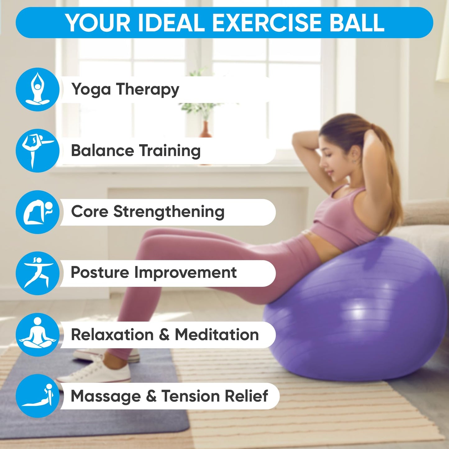 APEXUP Yoga Ball Exercise Ball, Anti Slip Stability Ball Chair, Heavy Duty Large Gym Ball for Fitness, Balance, Core Workout and Physical Therapy (S (15"~18") 45cm, Purple)
