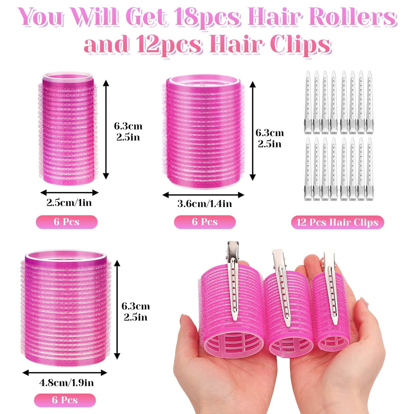 anezus Self Grip Rollers Hair Curlers 30Pcs Set with 18Pcs Hair Roller 3 Sizes (6 Large Rollers, 6 Medium Rollers and 6 Small Rollers) and 12 Clips for Long Medium Short Hair Volume