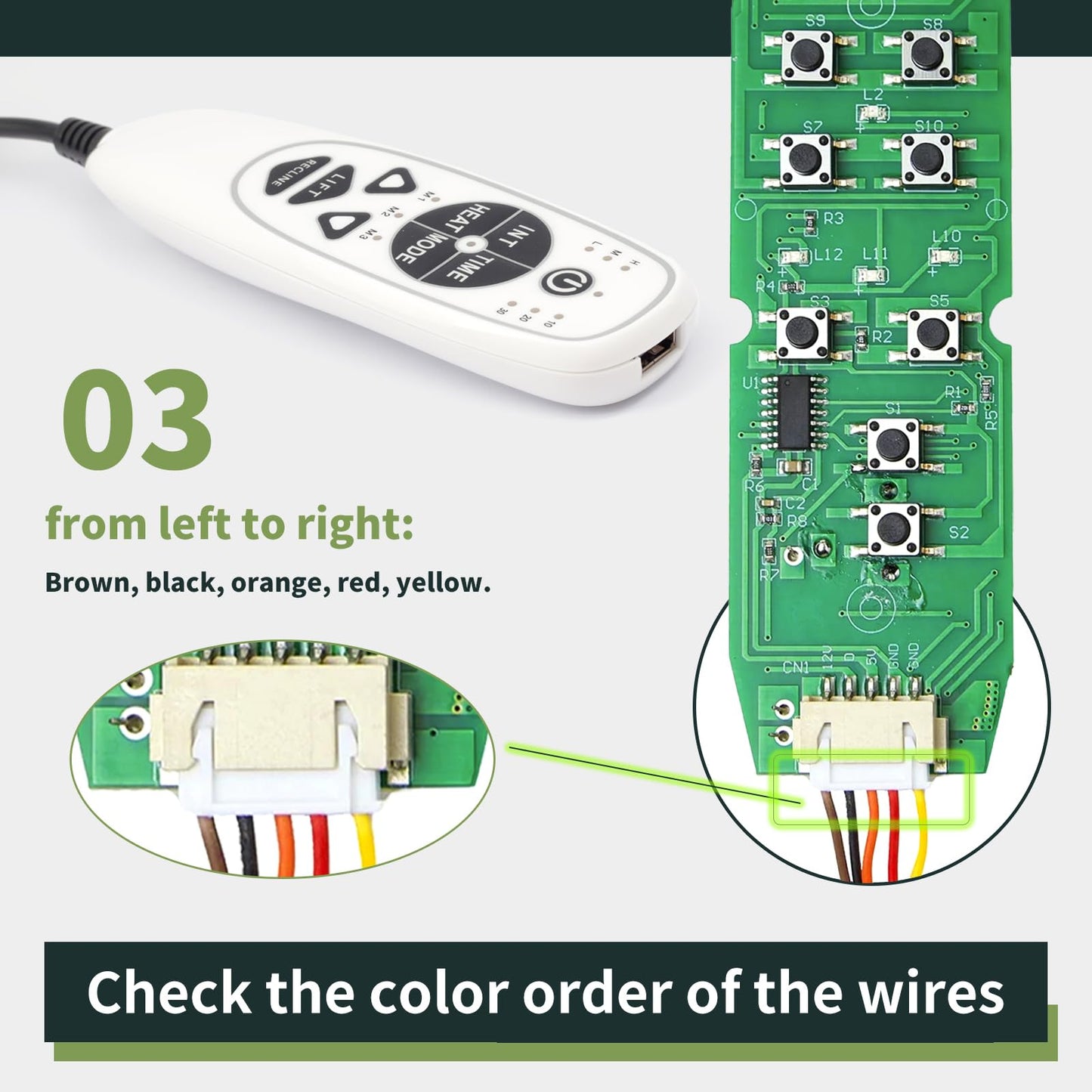 ALLCSM 5 Pin Female Plug DN-34A 9 Button Recliner Remote Controller for Heat Vibration & Up/Down, 3 Vibration Mode & 3 Massage Time Option with 1 USB Charging Port Circuit Board Inside Code DN-34A