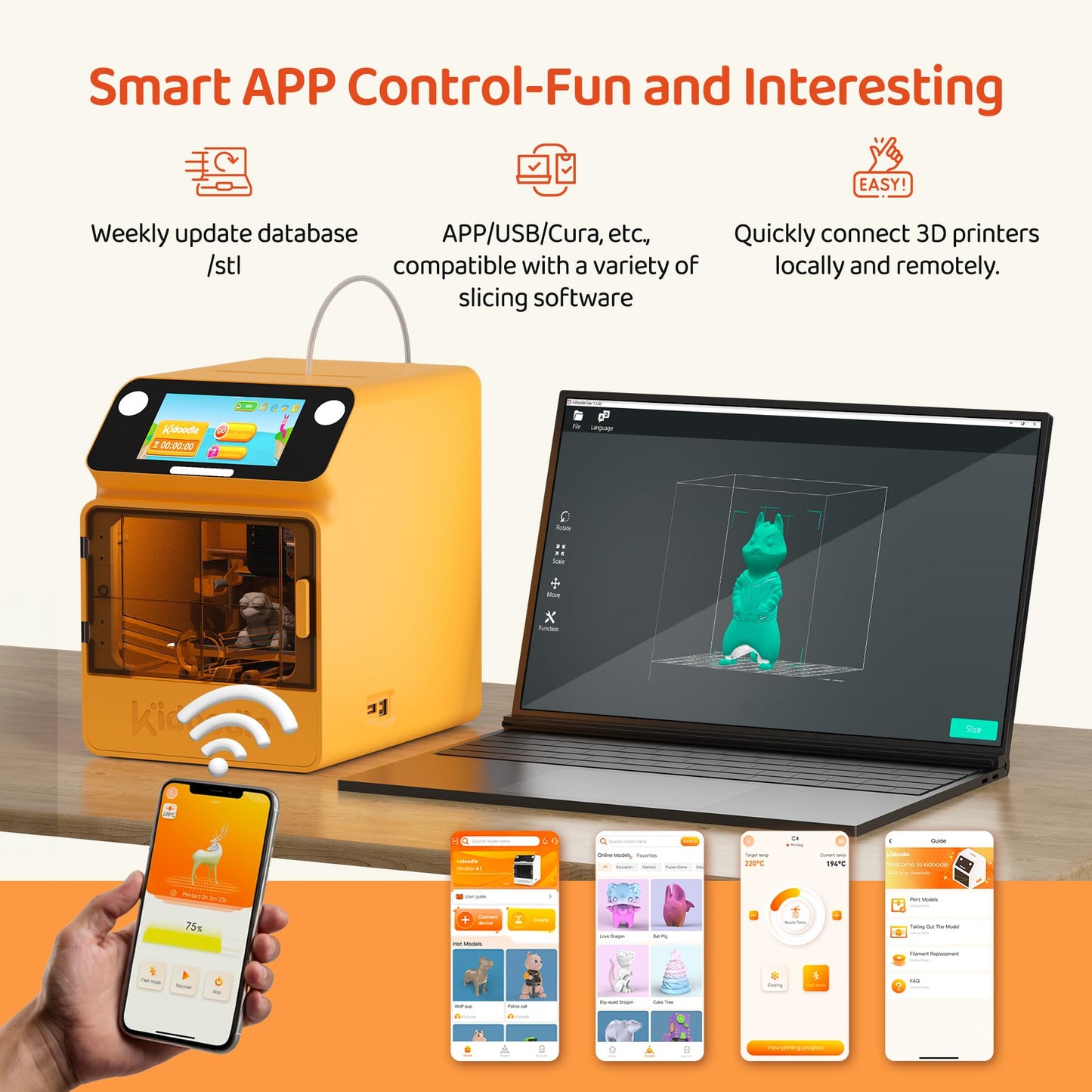 Kidoodle Mini 3D Printer for Kids & Beginners, 600mm/s High Speed Printing, Auto-Leveling/Child-Safe Design/5" Touch Screen, Pre-Assembled with Wi-Fi/App Control, Easy Setup for Home/School