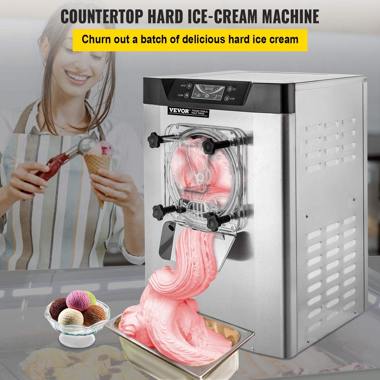 VEVOR Commercial Ice Cream Machine 1400W 20/5.3 Gph Hard Serve Ice Cream Maker with LED Display Screen Auto Shut-Off Timer One Flavors Perfect for Restaurants Snack bar Supermarkets