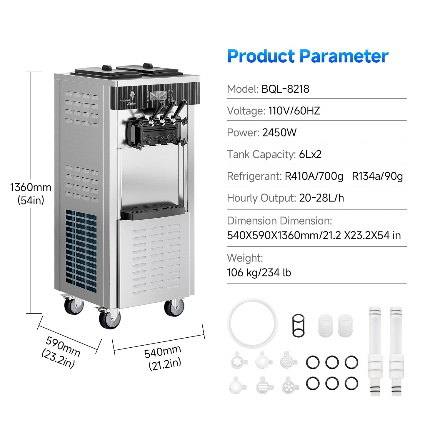 EKway Soft Serve Ice Cream Machine,28 QT/H Yield 2450W Vertical Commercial Ice Cream Machine With 2x6L Hopper 3 Dispensers,LCD Panel Auto Clean Pre-cooling,Frozen Yogurt Maker for Restaurant Snack Bar