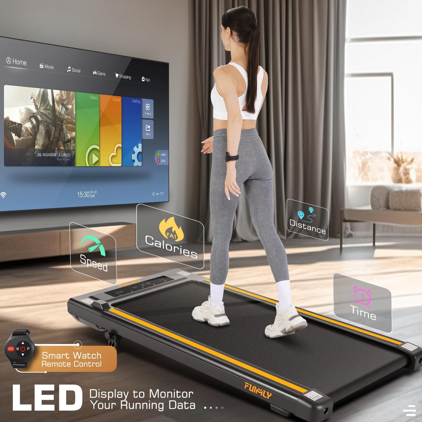 FUNMILY Walking Pad Treadmill Under Desk, 2.5HP Portable Walking Treadmills for Home, 3 in 1 300 Lb Capacity Under Desk Mini Treadmill with Remote Control, Led Touch Screen, Installation-Free(Green)