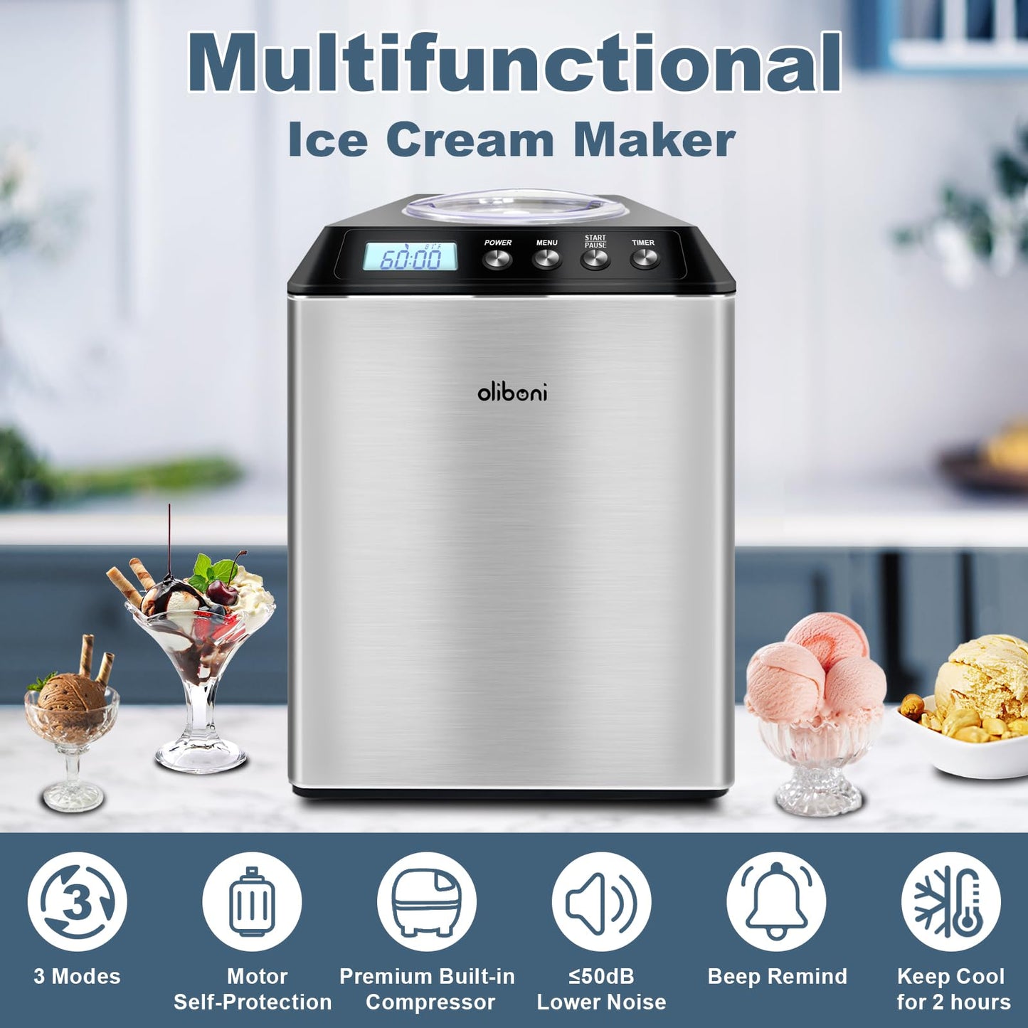 2.6 Qt Ice Cream Maker with Compressor, LCD Digital Display & Timer, No Pre-freezing, Countertop Gelato Makers, Automatic Ice Cream Machine for Homemade Use, Stainless Steel, 10-year Repair Service