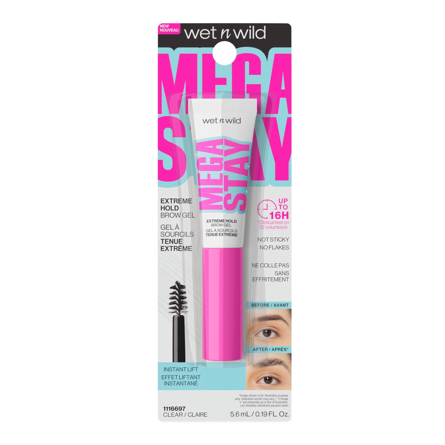 wet n wild Mega Stay Extreme Hold Brow Gel, Lightweight, Non-Sticky & Flake-Free Formula, Long-Lasting 16-Hour Wear, Sculpted & Laminated Brow Look, Easy Application, Cruelty-Free & Vegan - Clear