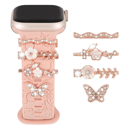 Charm+Band for Apple Watch Bands 40mm 41mm 38mm 44mm 45mm 46mm 42mm Women Men,Floral Engraved Silicone Sport Band+Decorative Ring Loops for iWatch Series 10 9 8 7 6 5 4 3 SE Ultra/2 49mm,Jewelry Strap