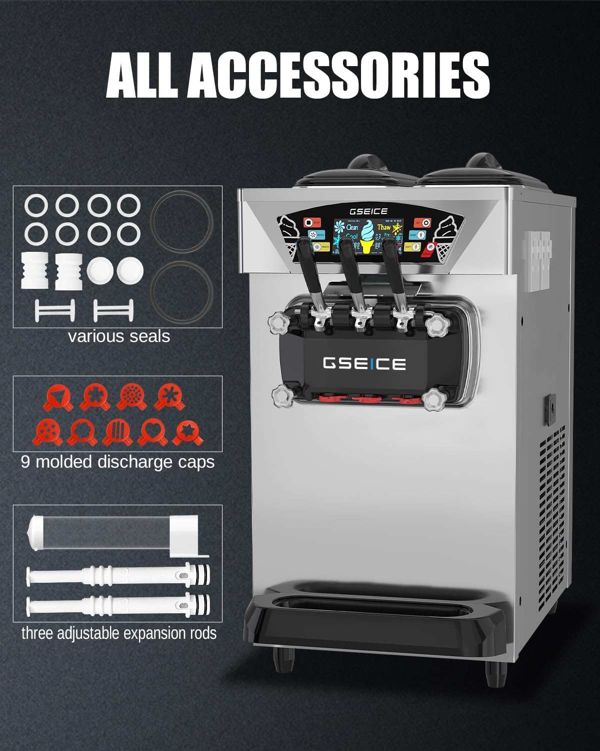 GSEICE Commercial Ice Cream Machine, 5.8–7.4 Gal/H, 2+1 Flavors Soft Serve Ice Cream Maker, 2 x 8L Hoppers Pre-Cooling LCD Display for Restaurant Countertop Snack,Ultra-Slim Silver