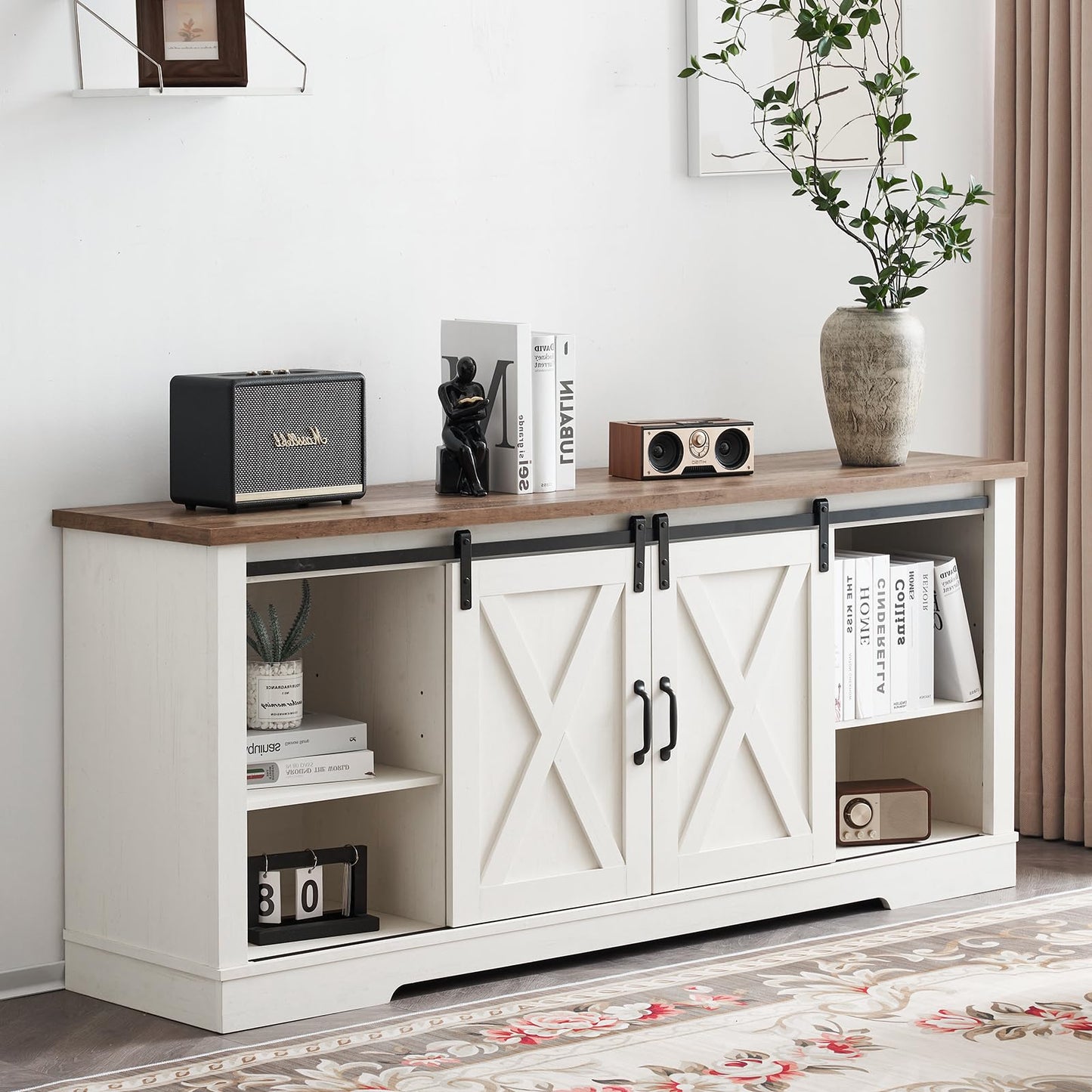 AMERLIFE 66" Farmhouse TV Stand for 75 Inches TVs, Entertainment Center with Sliding Barn Door and Adjustable Shelf & Feet, Console Table with Storage, Distressed White & Rustic