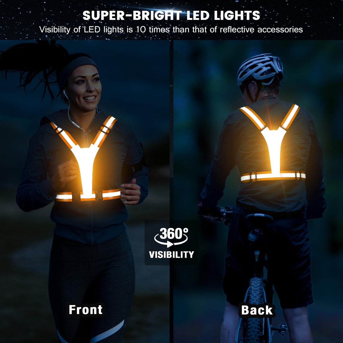 Fokia Kunbio LED Reflective Running Vest Gear,Light Up Vest Runners Night Walking USB Rechargeable,Up to 11hrs Light with Adjustable Waist/Shoulder for Women Men Kids (Orange)