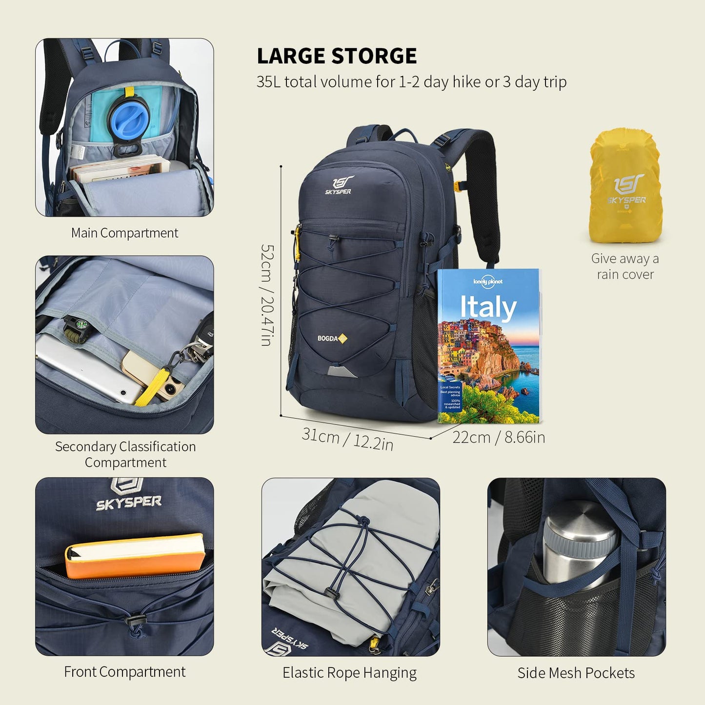 SKYSPER Hiking Backpack for Men Women, 35L Travel Backpack Waterproof Camping Backpack Outdoor Lightweight Daypack