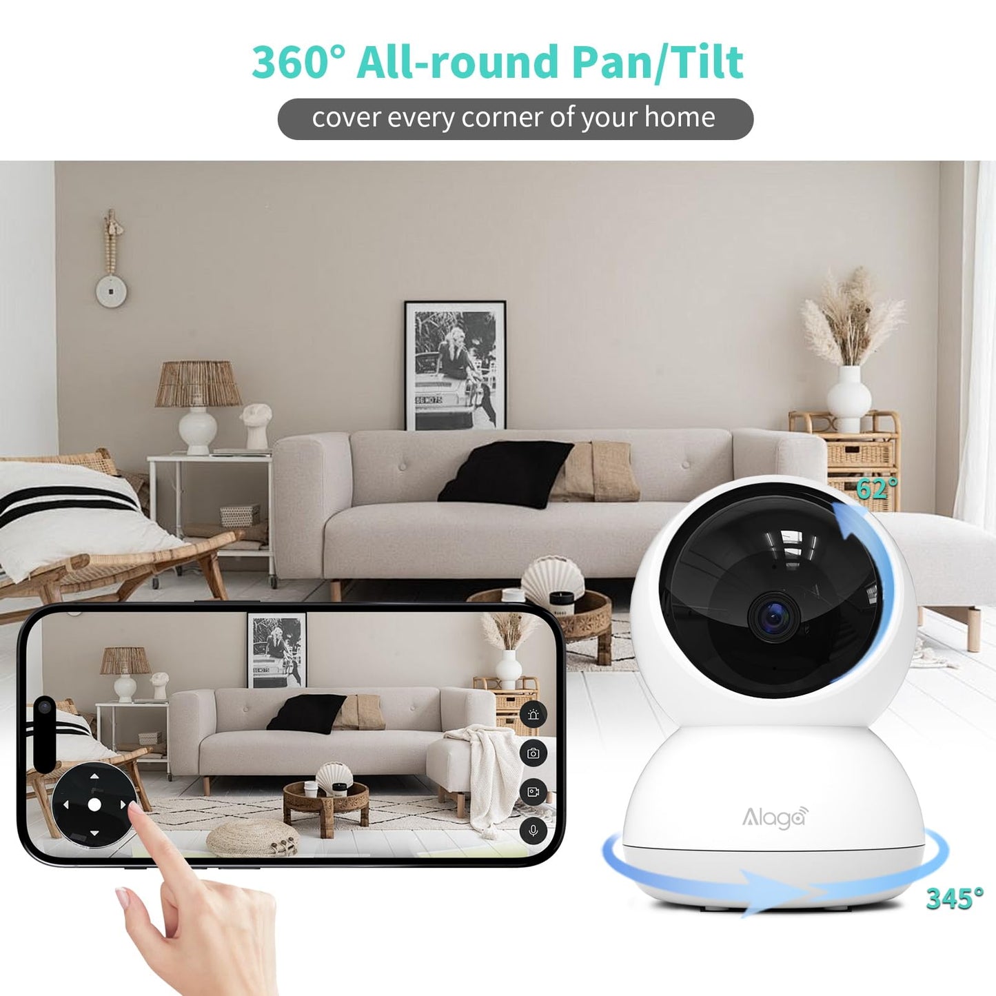 Alaga Indoor Security Camera,3K 5G and 2.4G WiFi, 360° Pan/Tilt, Human/Pet/Motion AI, Night Vision, Speaker, Indoor Camera with Phone App, Compatible with Alexa & Google Assistant，2-Pack White