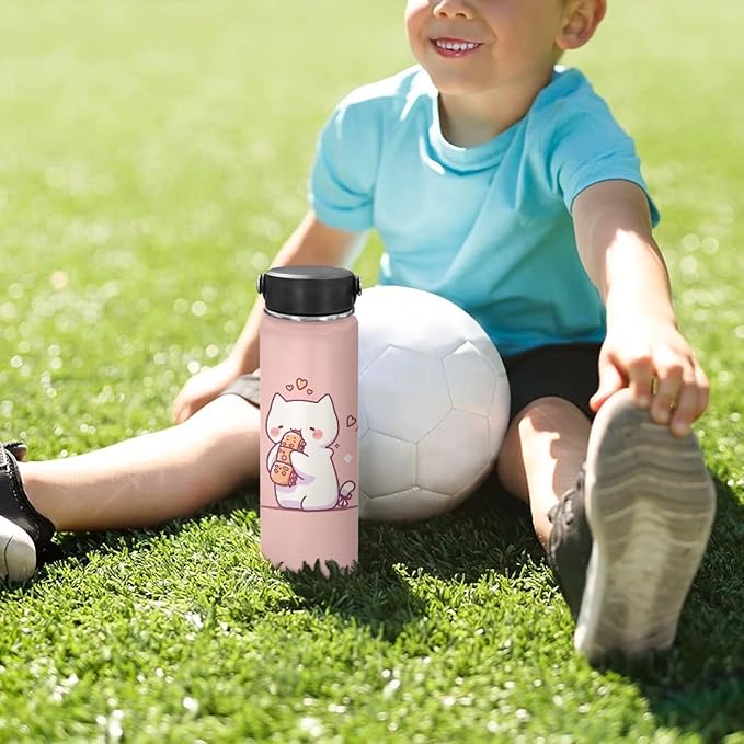 Cat Insulated Water Bottle with Handle 18 oz Vacuum Water Bottle for Hot & Cold Drinks, Wide Mouth, Great for Travel, Hiking & Camping Jug Stainless Steel Bottle Kitten Pink