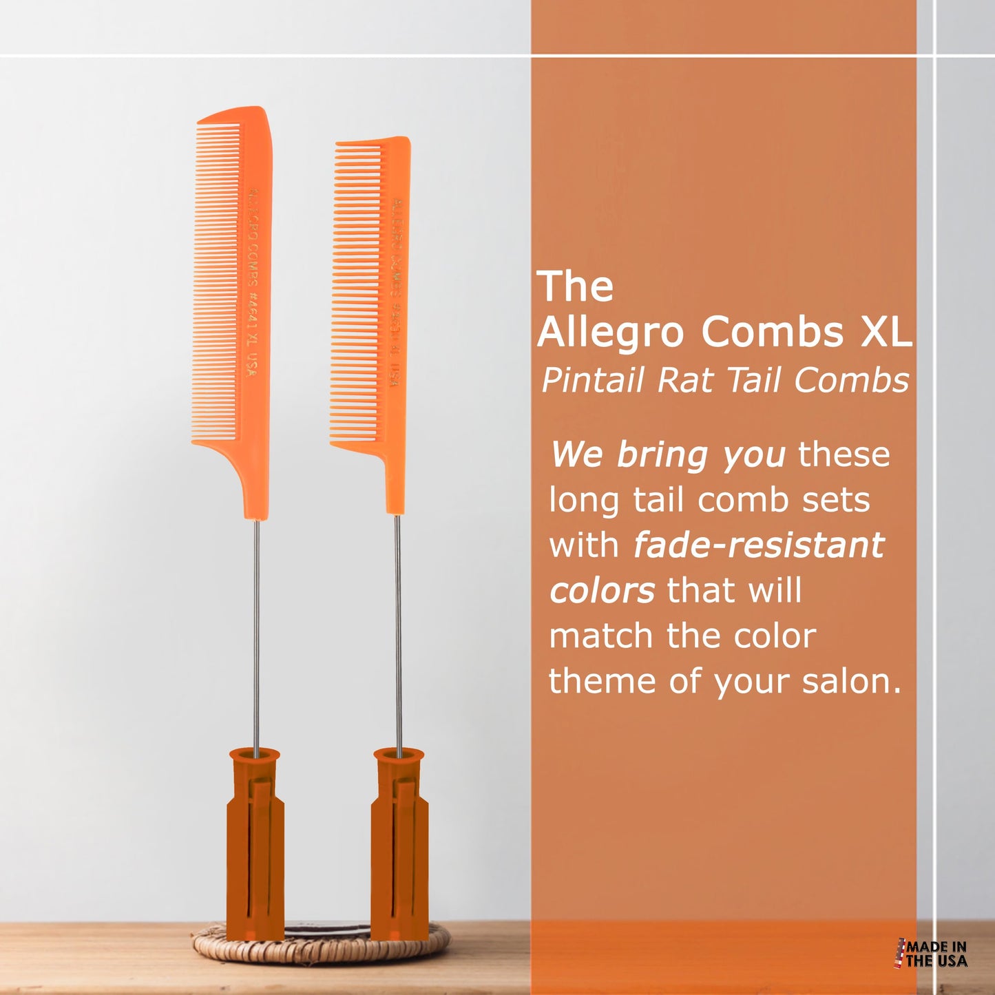 Allegro Combs XL Pintail Rat Tail Combs Parting Combs Metal Tail Foiling Combs Pin Combs Stitch Braids Combs2 Pc. (Neon Orange)