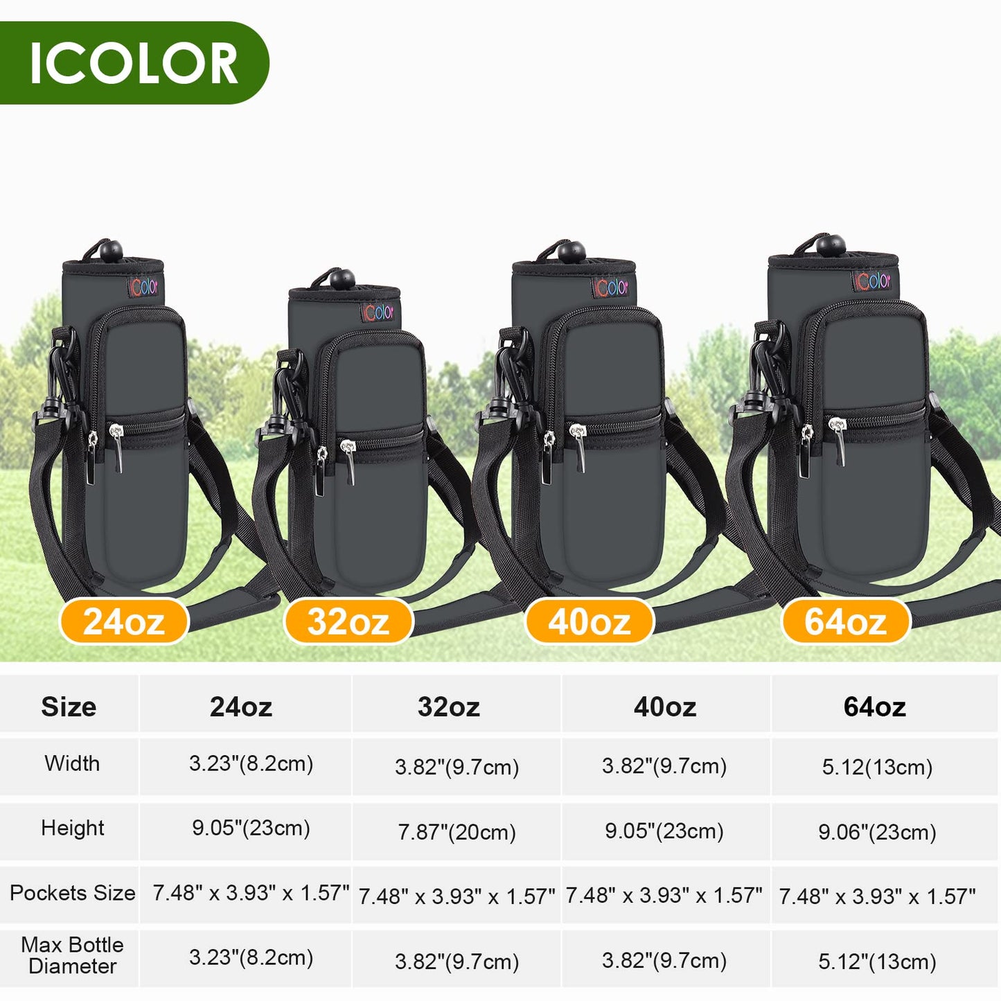 icolor Water Bottle Carrier Bag Holder 25/32/40/64oz,Adjustable Shoulder & Handle Strap Sports Sling Hiking Pack,Insulated Neoprene Wide Mouth Bottle Sleeve