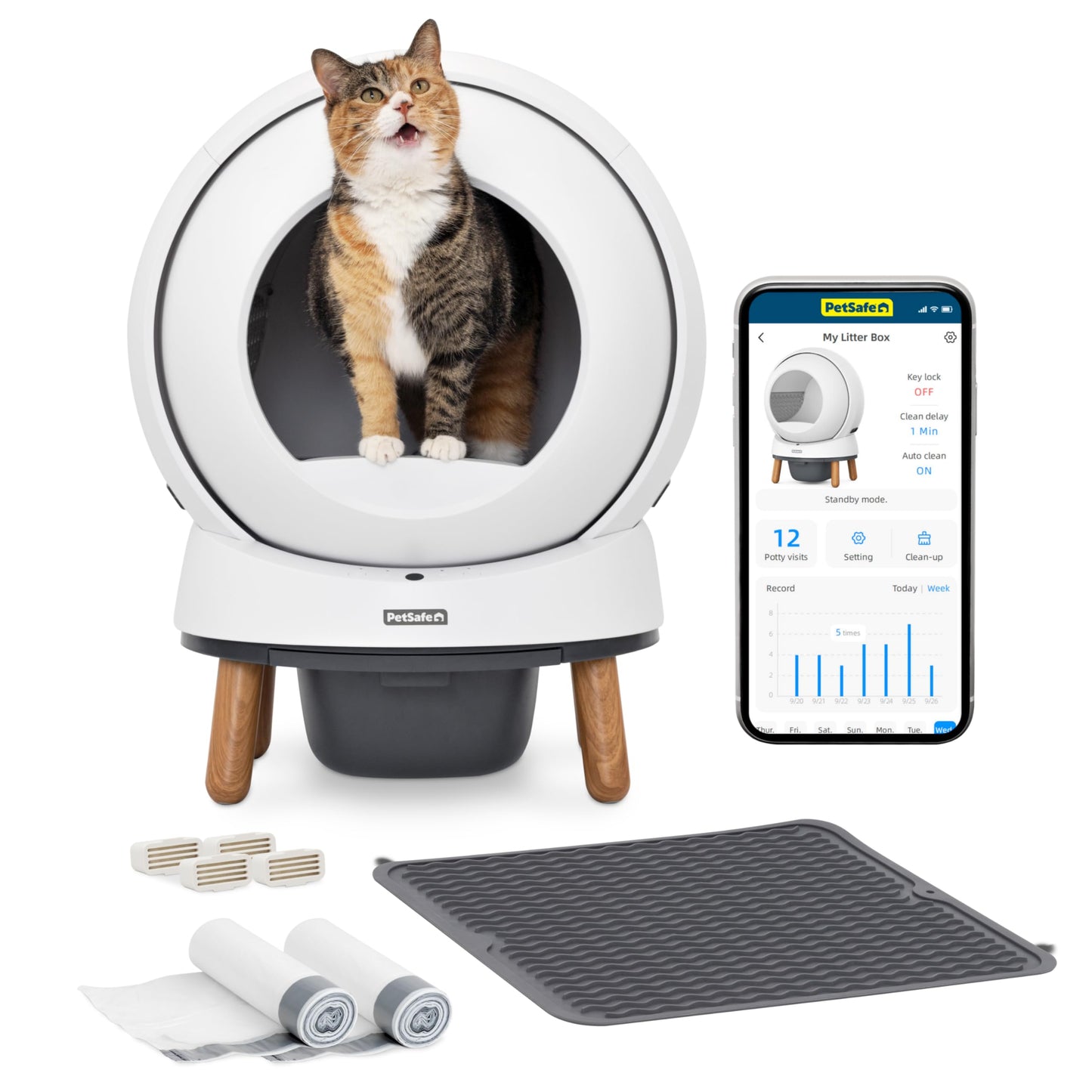 PetSafe ScoopFree SmartSpin Self-Cleaning Litter Box Bundle – Advanced Odor Control – App Controlled – Up to 2 Weeks of Hands-Free Cleaning – Includes Litter Mat, 50 Waste Bin Liners, 4 Deodorizers