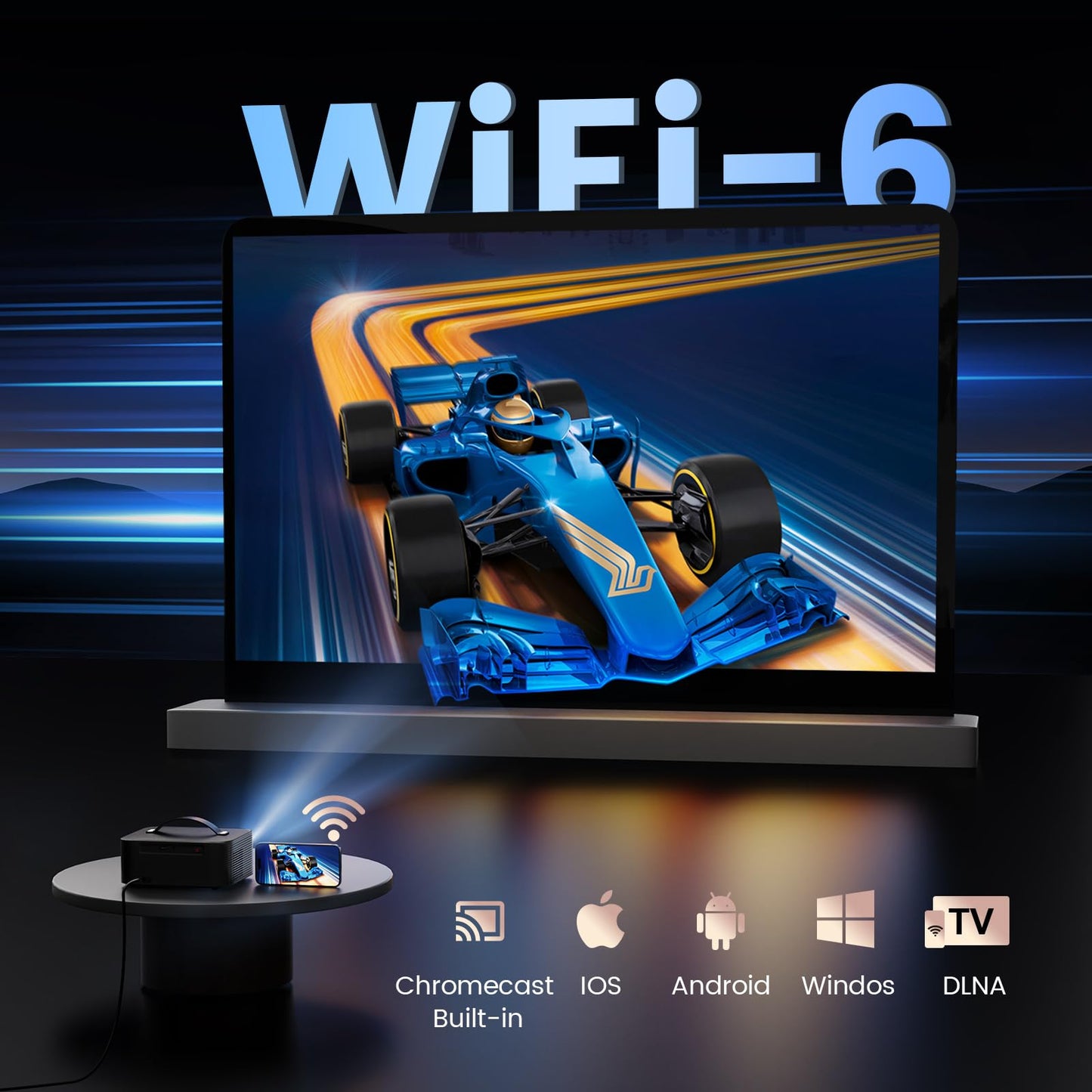 [1200 ANSI/Auto Focus/Built-in APPs] Outdoor-Projector-4K with Wifi6 and Bluetooth, Smart TV OS & DoIby, Portable Projector with Netflix/YouTube/PrimeVideo, ONOAYO 1080P Proyector with 300 ''Display