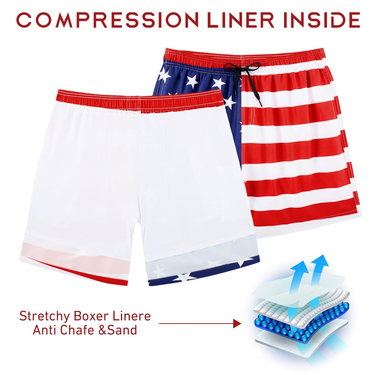 ALISISTER Men American Flag Swim Trunks Compression Liner 4th of July Board Shorts USA Independence Day Boardshorts Swimsuits Swimwear 7 Inch