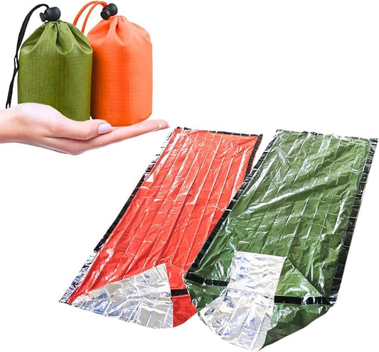 Emergency Survival Sleeping Bag 2 Pack - Thermal Portable Bivy Sack Waterproof for Camping, Hiking, Outdoor Activities - Lightweight & Compact Blanket for Travel - Orange & Green